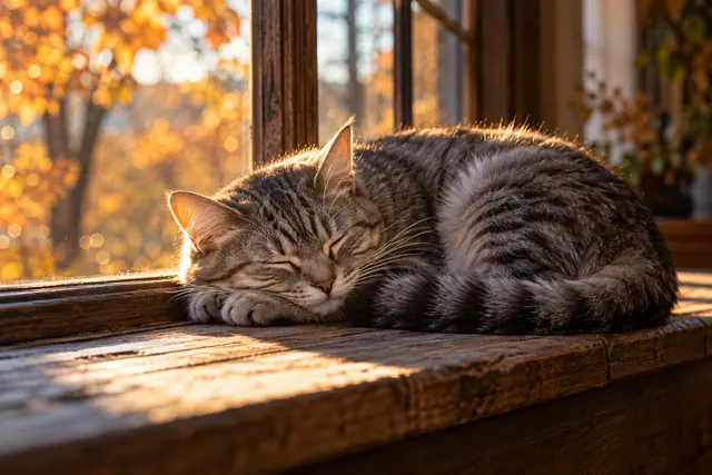 Gato tigrado cinza dorme enroscado no parapeito de madeira, iluminado pelo sol, com folhas douradas ao fundo.