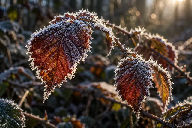 Folhas de amora em tons de cobre e vinho cobertas de geada, iluminadas pelo sol diante de um bosque desfocado.