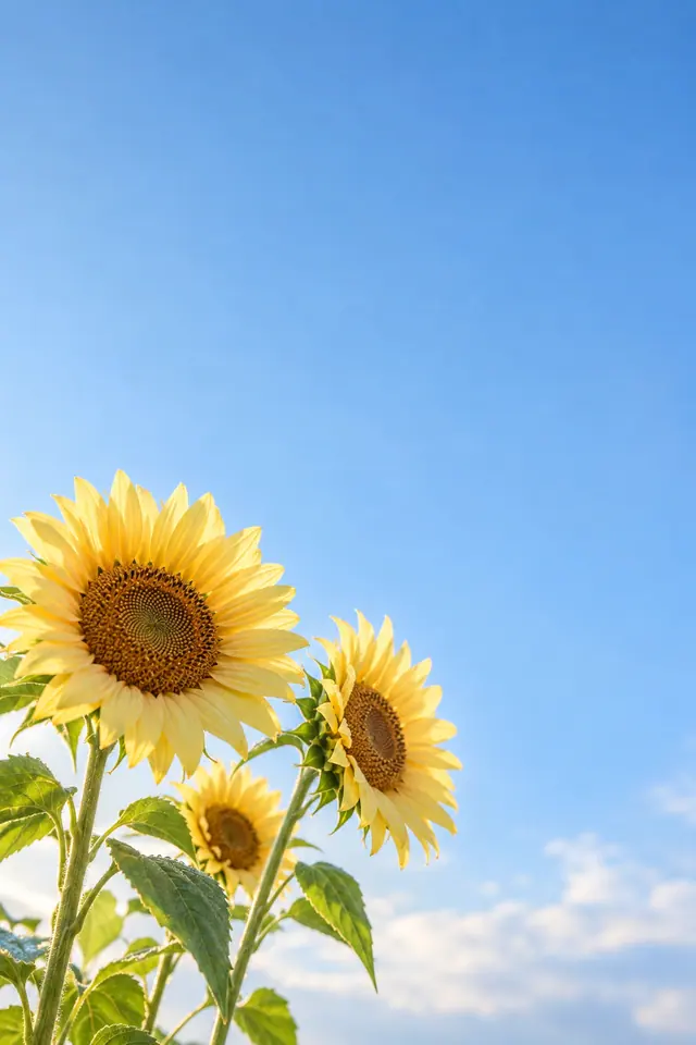 Três girassóis amarelos vistos de baixo, com folhas verdes e amplo espaço livre no céu azul.
