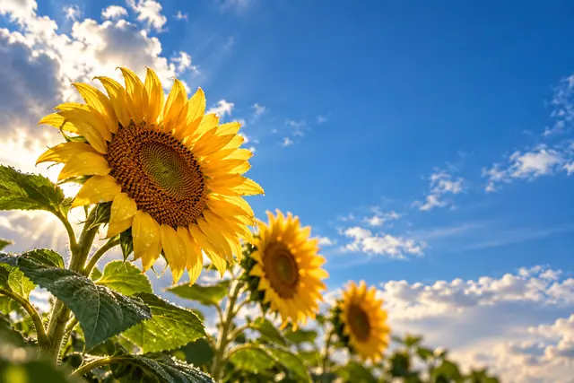 Girassóis com gotas iluminados pelo sol da tarde, vistos de baixo, com amplo céu azul e nuvens à direita.