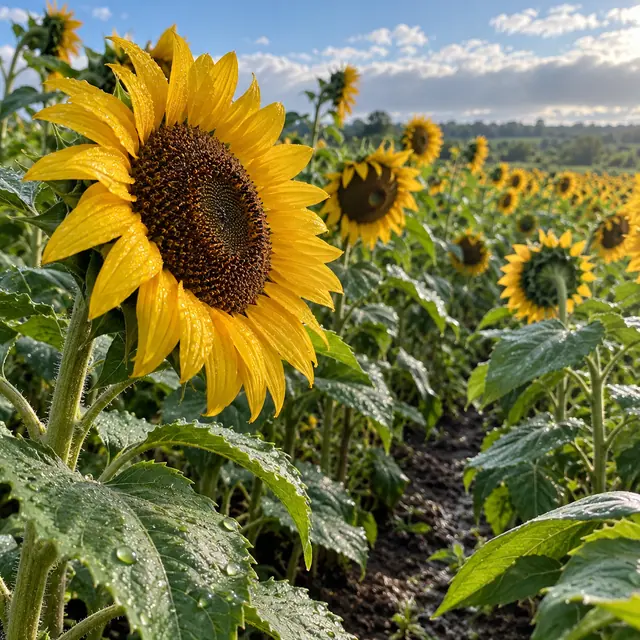 Girassol com gotas nas pétalas em primeiro plano, diante de um campo florido sob céu azul com nuvens.