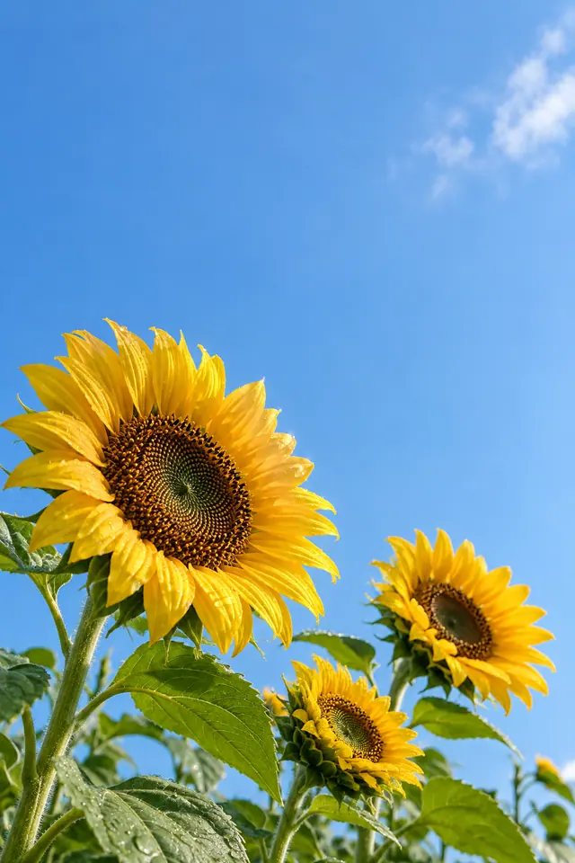 Girassóis amarelos com gotas de água, vistos de baixo sob um céu azul com espaço livre para mensagens.