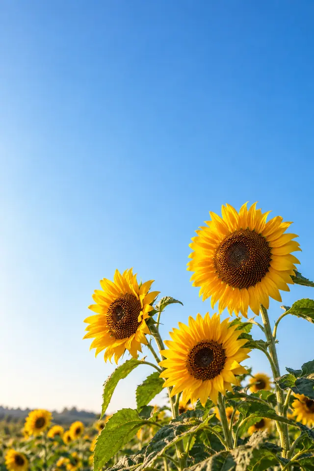 Três girassóis dourados vistos de baixo, com folhas verdes e amplo céu azul iluminado pela luz da tarde.