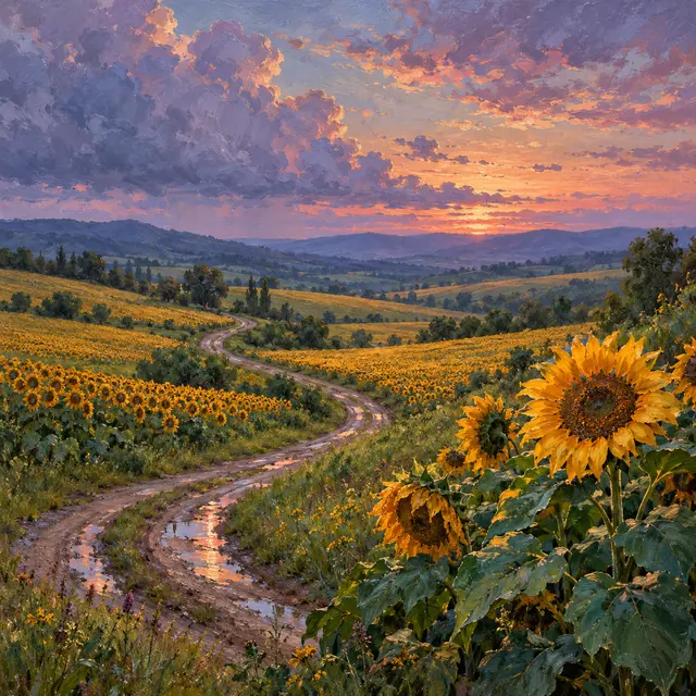 Pintura de estrada com poças entre campos de girassóis, sob céu rosado e nuvens lilases no entardecer de verão.