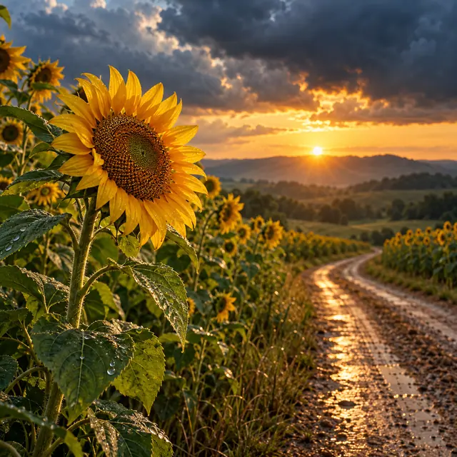 Girassol com gotas de chuva junto a uma estrada molhada entre campos floridos no pôr do sol de verão.