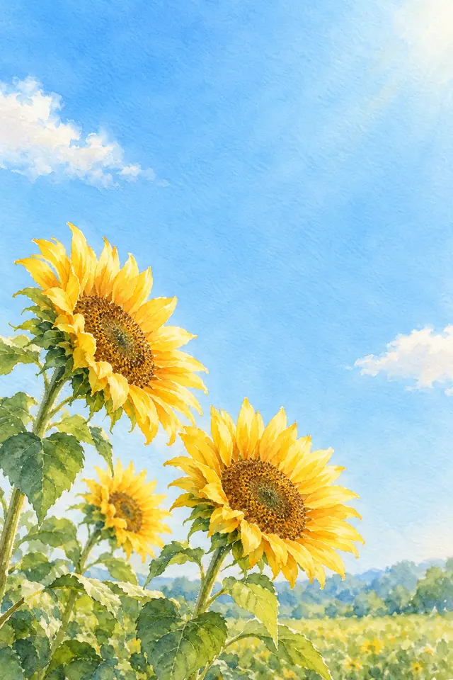 Aquarela de três girassóis amarelos sob céu azul com nuvens brancas e amplo espaço livre para mensagens.