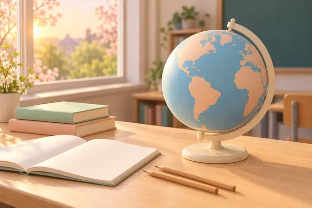 Globo azul e pêssego sobre mesa com livros, caderno em branco e lápis, iluminados pelo sol junto à janela florida.