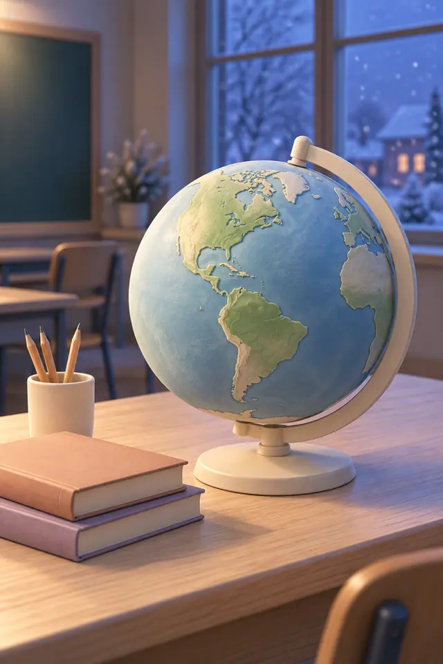 Globo em tons pastel sobre mesa com livros e lápis, em sala de aula com neve vista pela janela ao anoitecer.