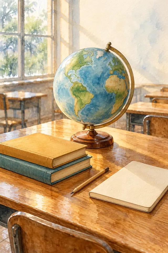 Aquarela de globo terrestre, livros, lápis e caderno sobre mesa de madeira em sala de aula iluminada pelo sol.