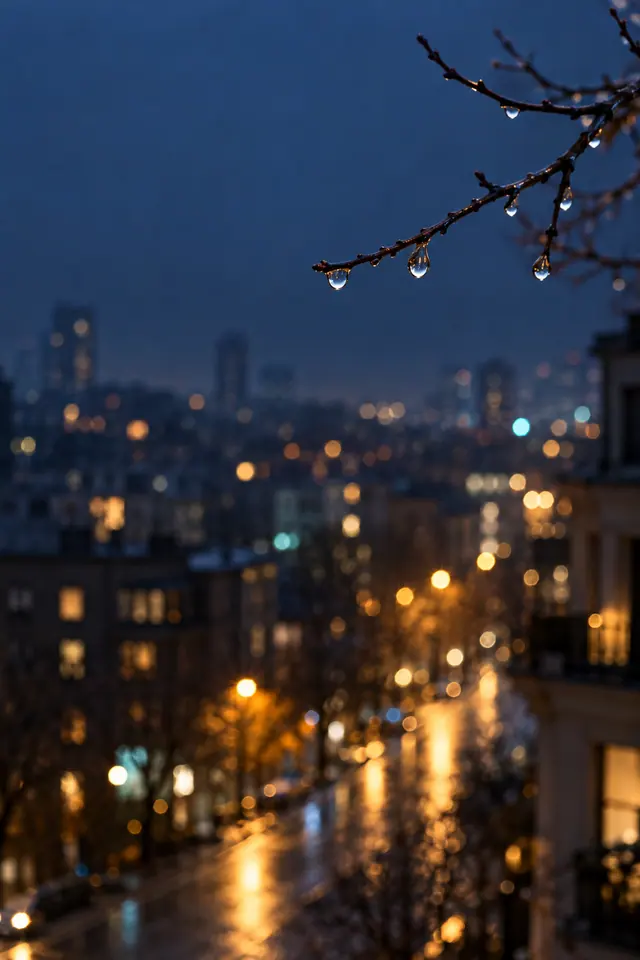 Gotas em galhos diante de luzes urbanas desfocadas e reflexos dourados na avenida molhada ao anoitecer.