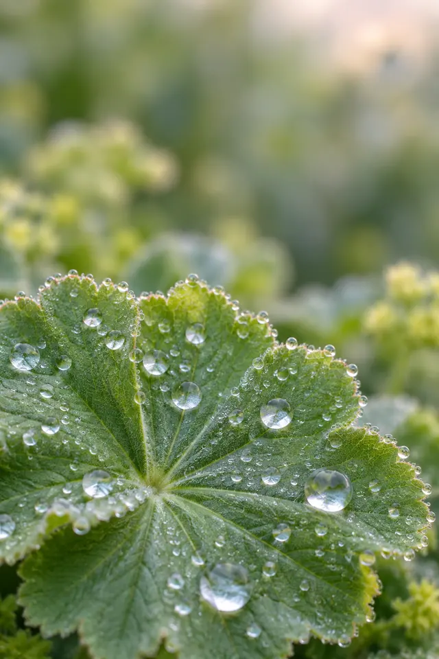 Gotas de orvalho sobre folha verde de bordas recortadas, com jardim desfocado ao fundo na luz suave da manhã.