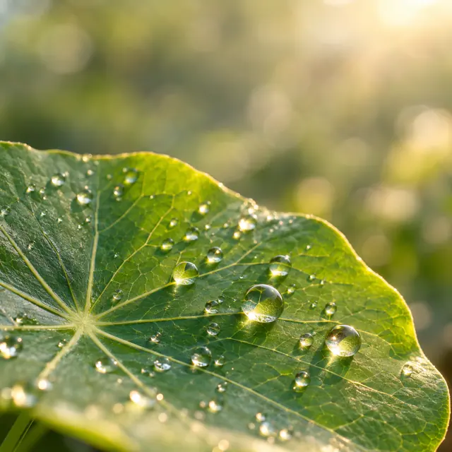 Gotas de orvalho sobre uma folha verde com nervuras iluminadas pela luz dourada da manhã e fundo desfocado.