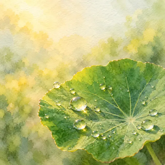 Aquarela de folha verde com gotas de orvalho iluminadas pela manhã, sobre fundo suave em verde e dourado.