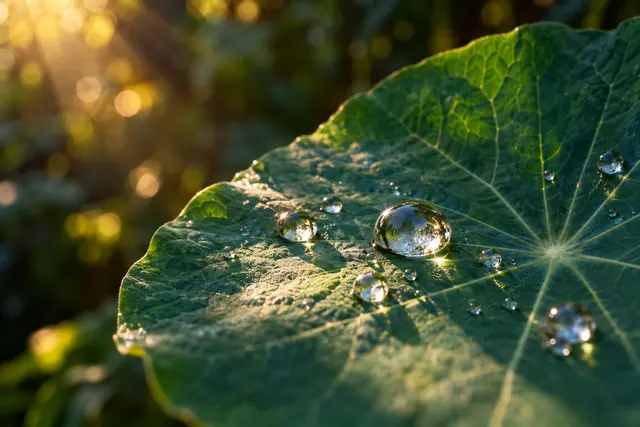 Gotas de orvalho sobre uma folha verde com nervuras, banhada pela luz dourada da manhã e fundo desfocado.