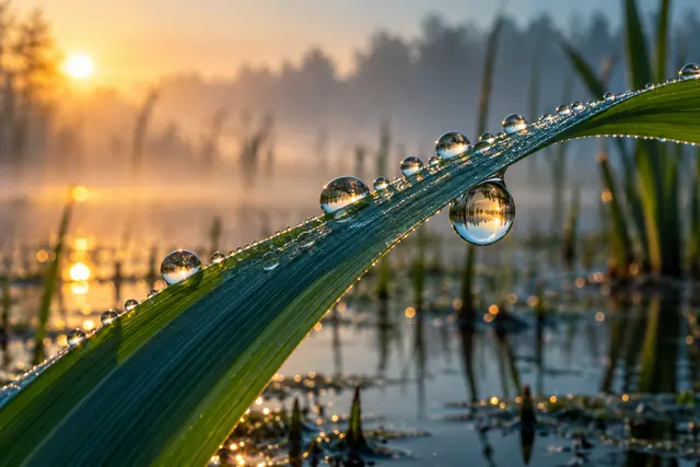Gotas de orvalho sobre uma folha verde, iluminadas pelo amanhecer dourado junto à água com névoa.