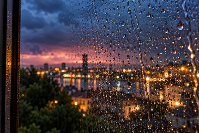 Gotas de chuva na janela diante de luzes da cidade, árvores verdes e céu azul com horizonte rosado no verão.