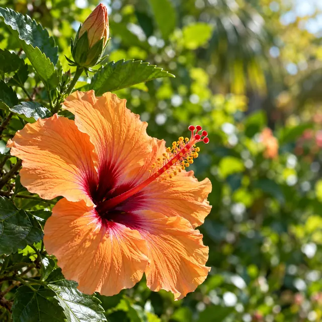 Hibisco alaranjado com centro vermelho, pólen amarelo e botão fechado entre folhas verdes ao sol.