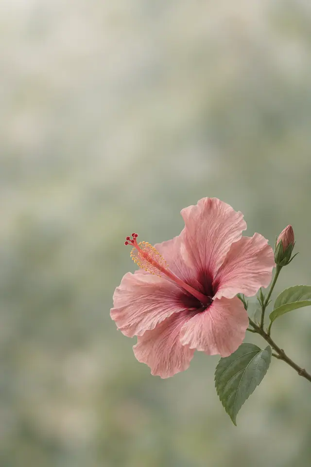 Hibisco rosa com centro vinho, folhas verdes e um botão fechado sobre fundo suave e desfocado.