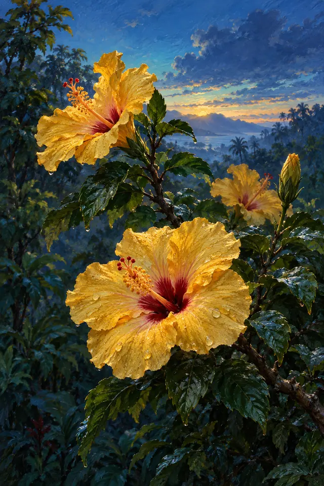 Pintura a óleo de hibiscos amarelos com centros vermelhos e gotas de chuva, diante de uma paisagem tropical ao amanhecer.