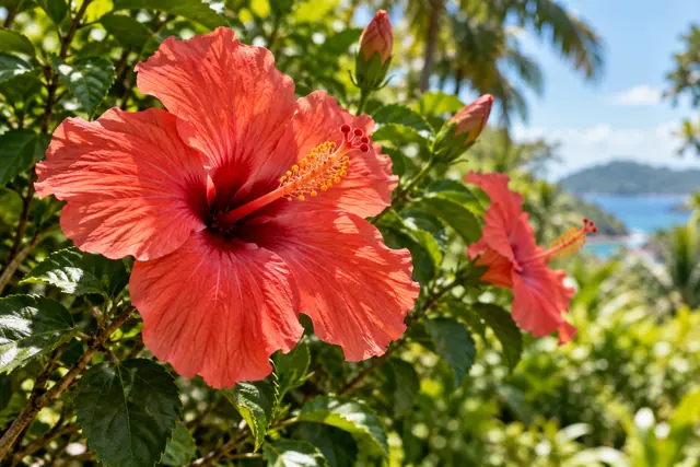 Hibisco coral em primeiro plano entre folhas e botões, com outra flor, palmeiras e mar desfocados ao fundo.