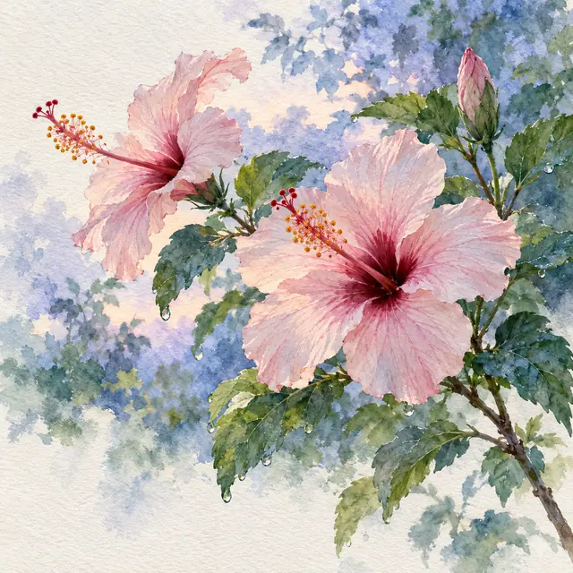 Aquarela de dois hibiscos rosa-claros com centros bordô, um botão e folhas verdes com gotas sobre fundo azul e lilás.