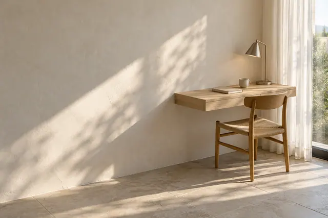 Home office com bancada suspensa, cadeira de madeira e luminária junto à janela, com luz na parede clara.