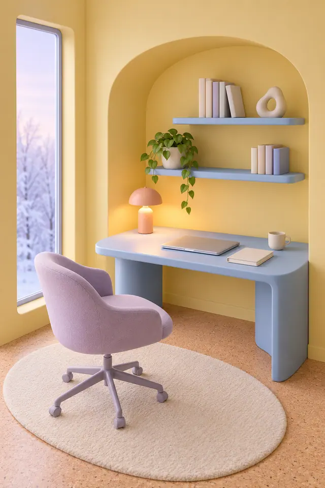 Home office em 3D com mesa azul, cadeira lilás, nicho amarelo, planta pendente e janela com paisagem de inverno.
