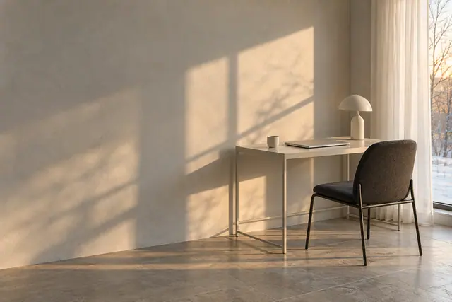 Home office com mesa clara, cadeira escura e luz dourada de inverno projetando sombras na parede.