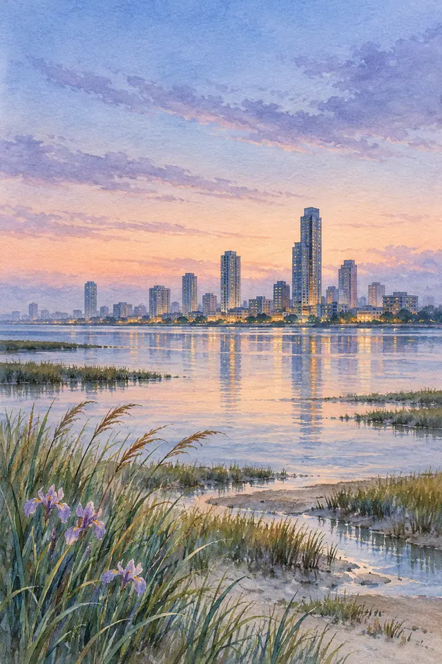Aquarela de prédios iluminados refletidos em uma lagoa ao entardecer, com íris roxas e gramíneas na margem.