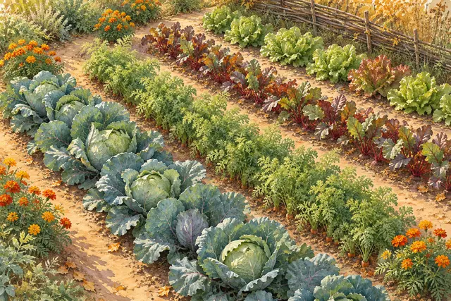 Aquarela de horta com fileiras de repolhos, cenouras, beterrabas e alfaces, flores alaranjadas e cerca de galhos.