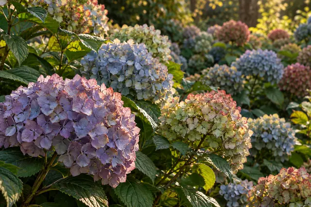 Hortênsias lilases, azuis e verde-claras em jardim iluminado pela luz dourada do fim da tarde.