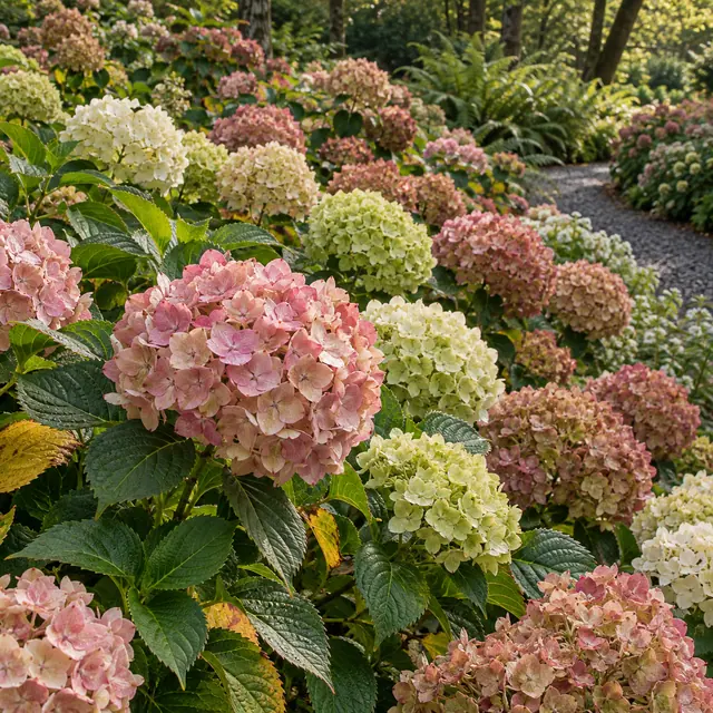 Hortênsias rosas, brancas e verde-claras em jardim com folhagem densa e caminho de cascalho ao fundo.