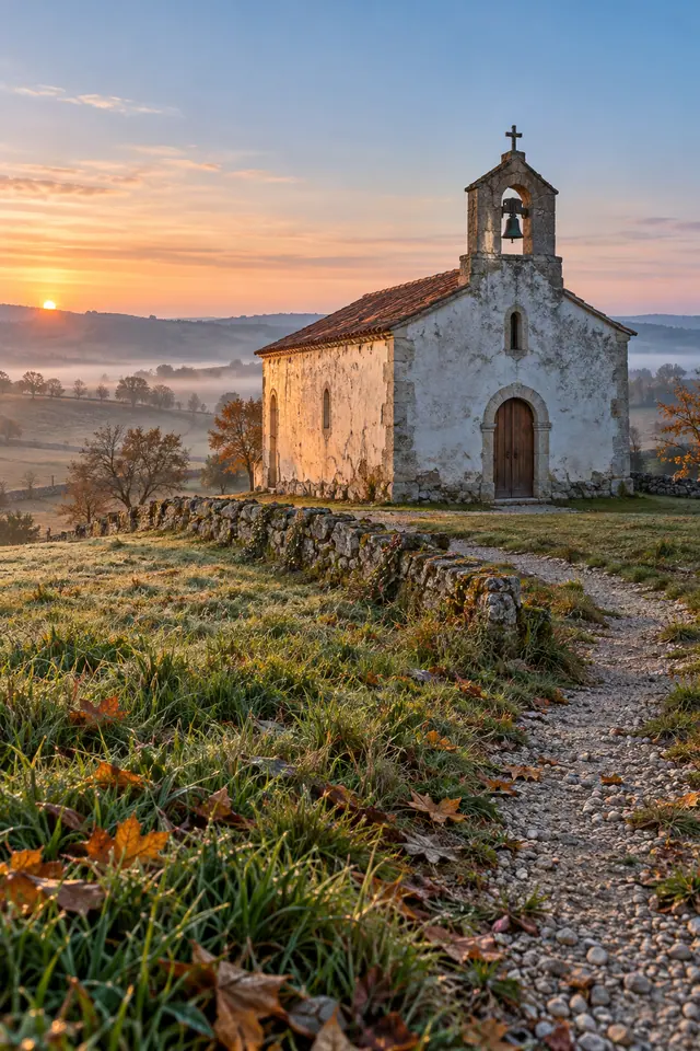 Igreja antiga com sino e cruz ao amanhecer, junto a caminho de cascalho, campos com névoa e folhas de outono.