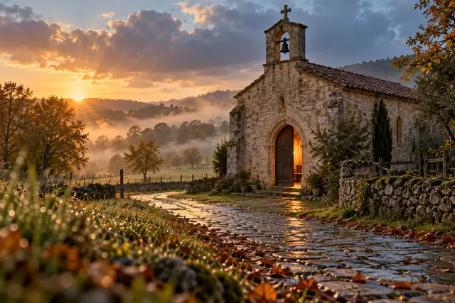 Igreja de pedra com porta iluminada ao amanhecer, diante de campos com neblina e um caminho molhado.