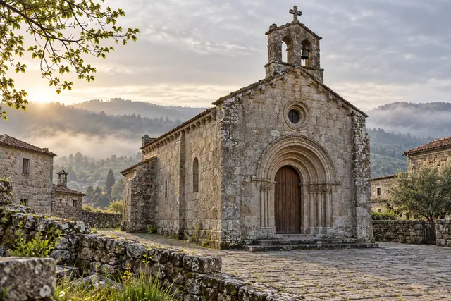 Igreja histórica de pedra com portal em arcos e campanário, cercada por colinas com névoa ao amanhecer.