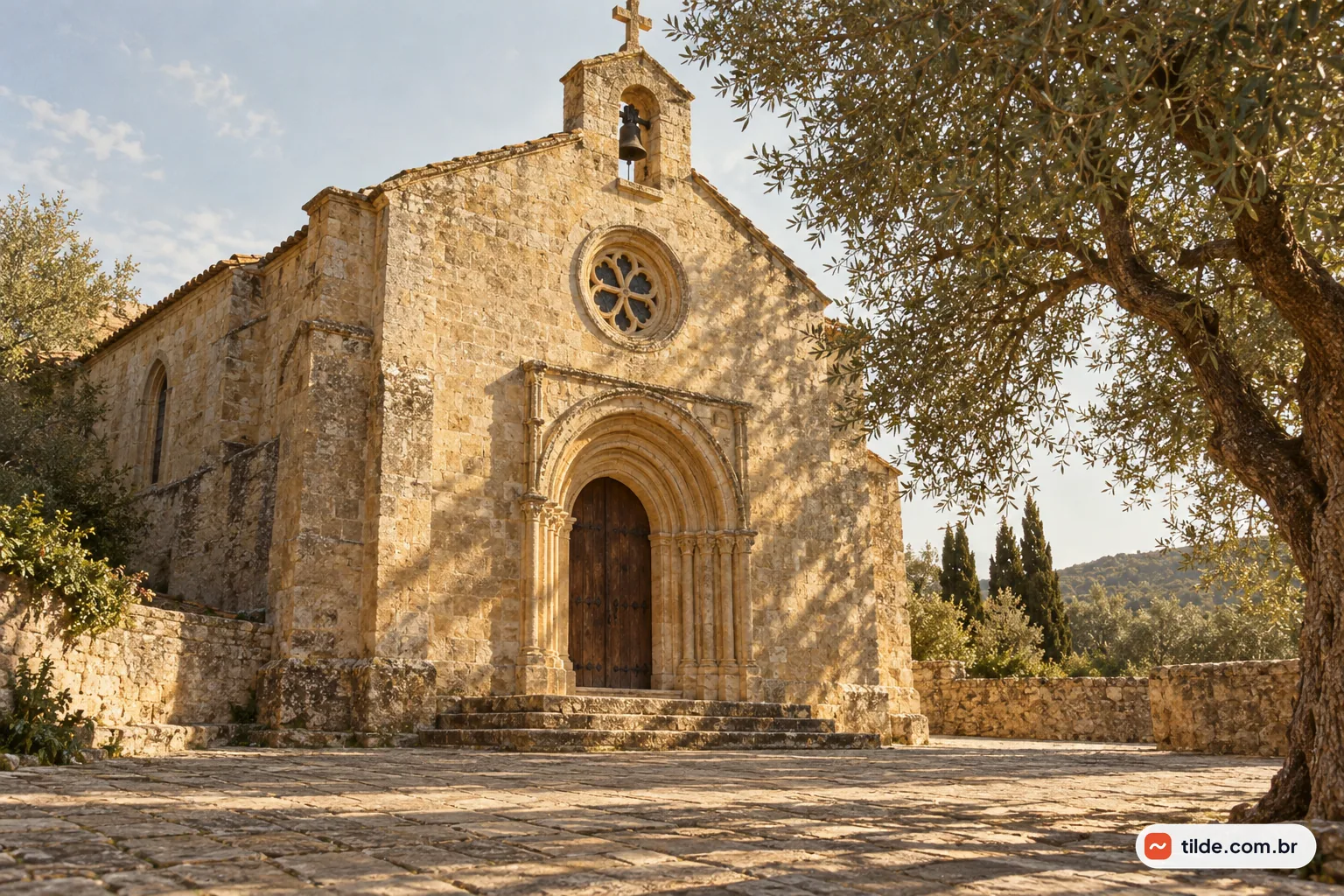 Igreja histórica de pedra com portal em arco, rosácea e sino, iluminada pelo sol e emoldurada por uma oliveira.