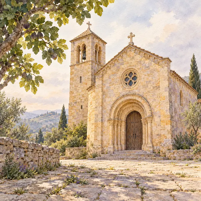 Aquarela de igreja de pedra com rosácea e torre com sino, sob ramos de figueira, diante de um pátio ensolarado.
