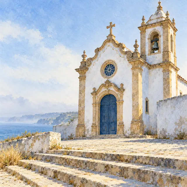 Aquarela de igreja histórica branca com porta azul, torre com sino e escadaria de pedra junto ao mar.