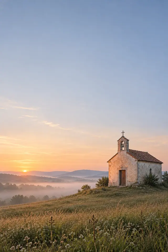 Igreja antiga sobre colina com capim e flores, diante de serras com névoa e céu amplo ao amanhecer.