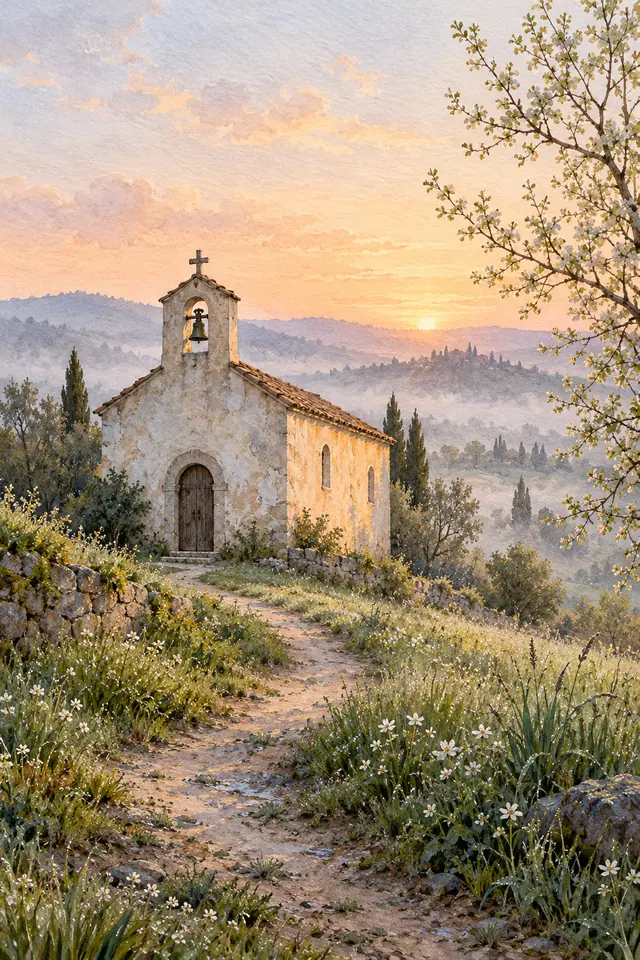 Aquarela de igreja antiga ao amanhecer, com caminho de terra, flores brancas e colinas envoltas em névoa.