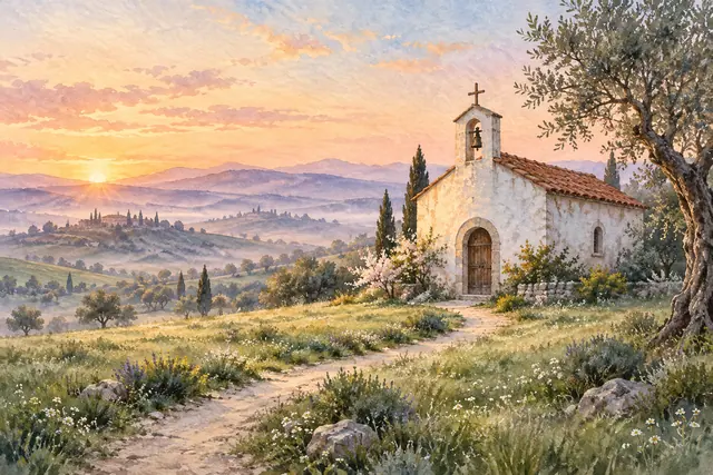 Aquarela de igreja rural ao amanhecer, com cruz, sino, caminho florido e colinas envoltas em névoa.