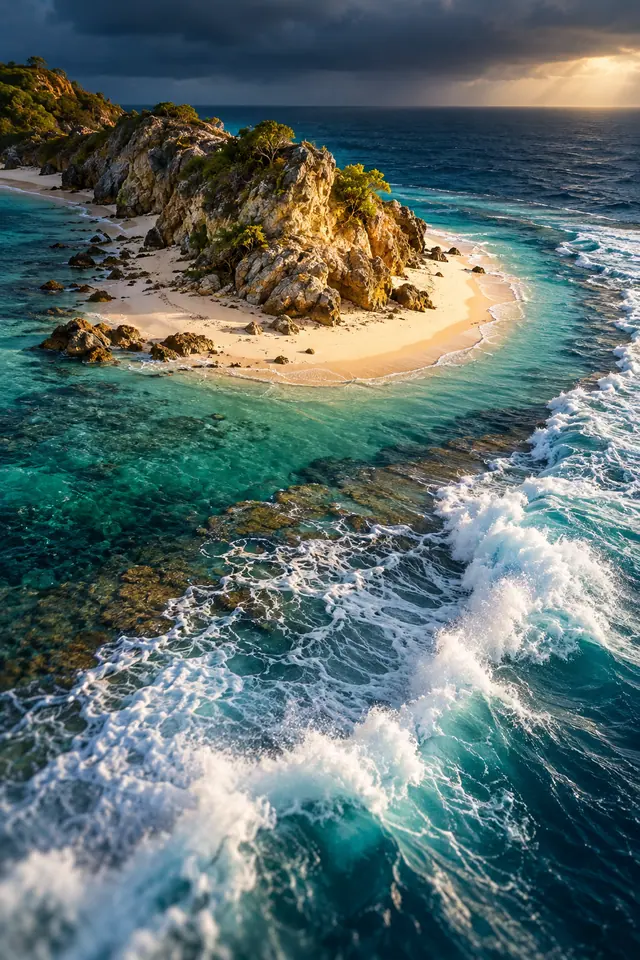 Vista aérea de ilha rochosa com praia clara, mar turquesa e ondas sob luz dourada e nuvens escuras.
