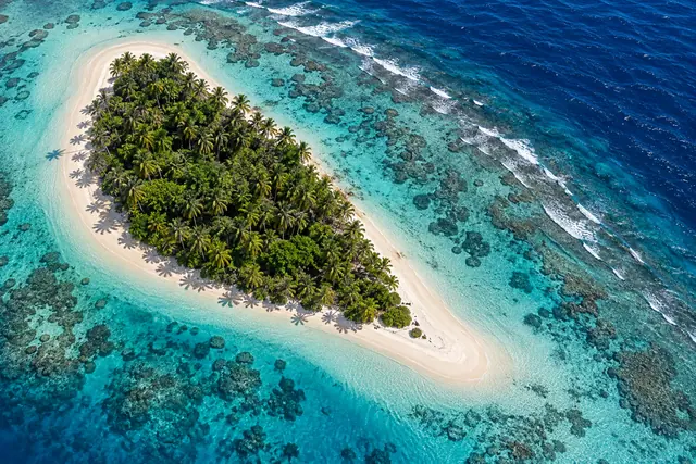 Vista aérea de ilha com coqueiros, areia clara e recifes em águas turquesas junto ao oceano azul.