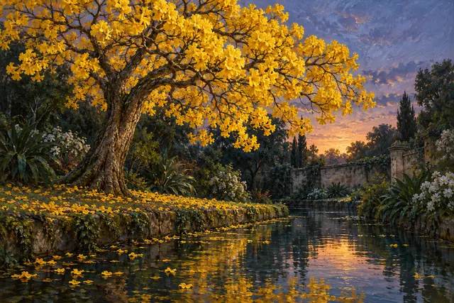 Pintura a óleo de ipê amarelo florido junto a um canal com pétalas e reflexos dourados ao entardecer.