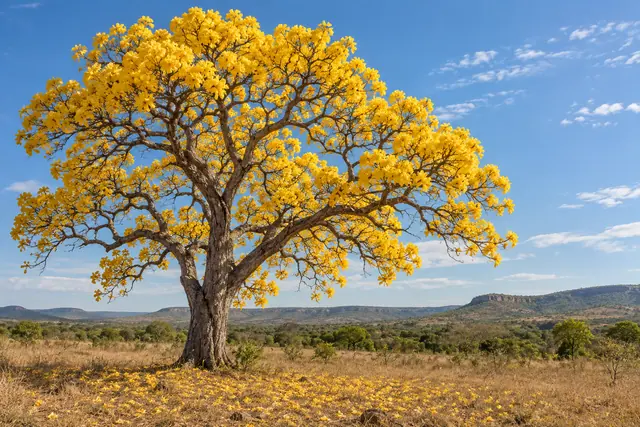 Ipê-amarelo florido em campo de capim seco, com flores caídas no chão, serras ao fundo e céu azul.