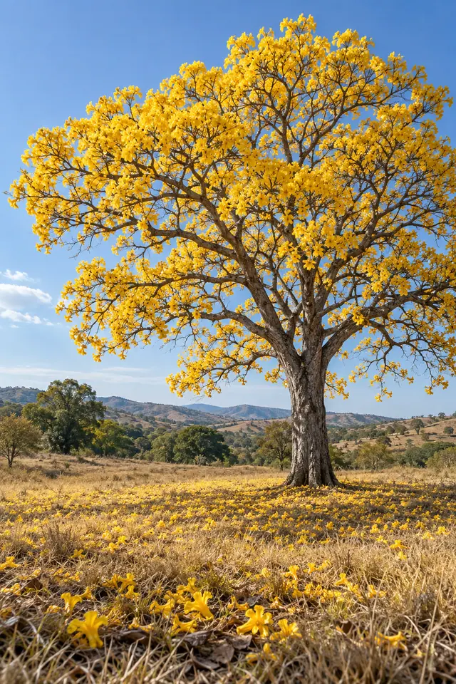 Ipê-amarelo florido em campo seco, com flores caídas ao redor do tronco, colinas ao fundo e céu azul.