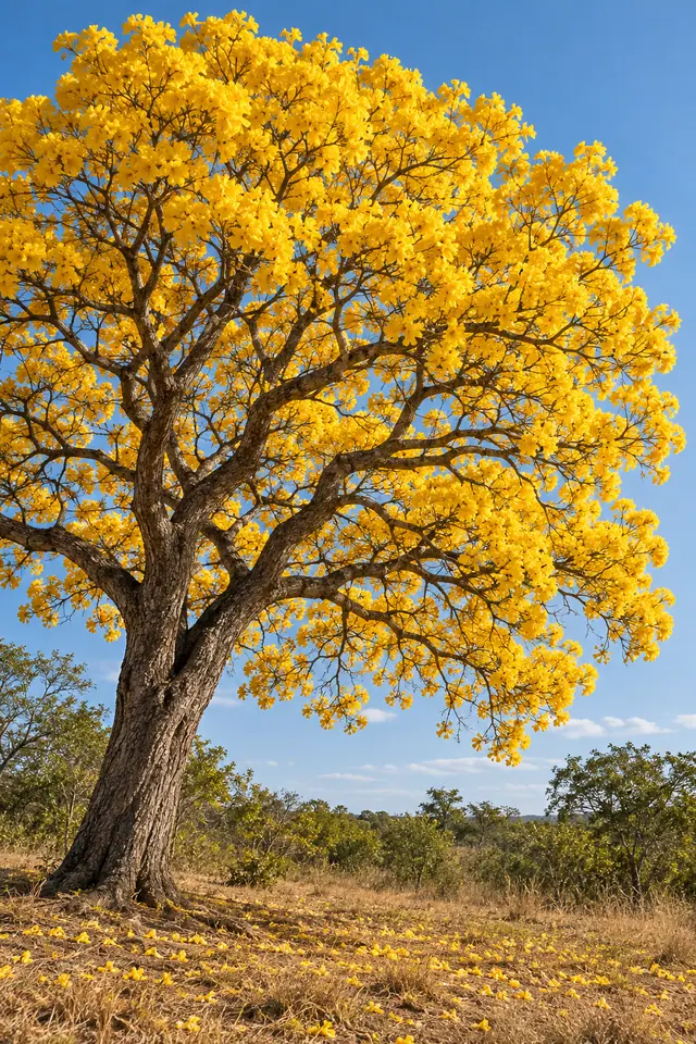 Ipê-amarelo florido visto de baixo, com tronco rugoso, céu azul e flores espalhadas sobre o capim seco.