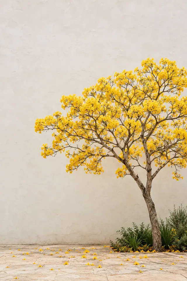 Ipê-amarelo florido ao lado de parede clara, com flores espalhadas no piso de pedra e amplo espaço livre.