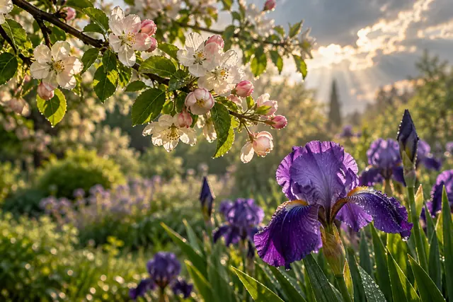 Íris roxa com gotas e flores de macieira iluminadas por raios de sol em um jardim de primavera.