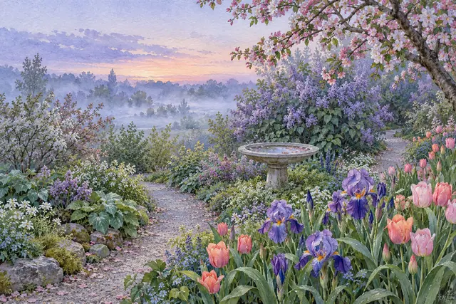 Aquarela de jardim com íris roxas, tulipas rosadas, caminho de cascalho e bebedouro de pedra ao amanhecer.